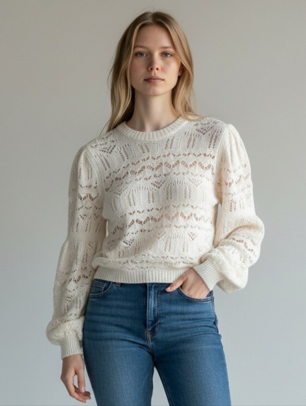 ZARA Alpaca Blend Cream Open-Weave Crewneck Sweater
